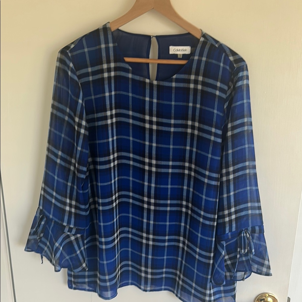 Calvin Klein Blue and Black Bell Sleeve Blouse